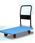 Foldable Flatbed Hand Cart With Heavy Duty Platform Trolley And Precision Swivel Wheels For Easy Loading Storage, blue deck, swivel wheels.