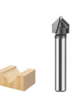 Super Sharp 90 Degree Chamfer Router Bit With Tungsten Carbide Tip For Precision V Groove Engraving Jobs On Wood Or Plastic Plus 6mm Shank Size, shown next to a chamfered wood block.