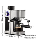Kickstart Your Daily Grind With This Semi Automatic Espresso Machine Featuring A Five Bar Pressure Pump And Built In Milk Frother For Barista Quality Lattes And Frothy Macchiatos At Home, showing dimensions.