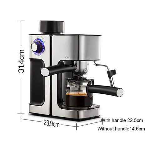 Kickstart Your Daily Grind With This Semi Automatic Espresso Machine Featuring A Five Bar Pressure Pump And Built In Milk Frother For Barista Quality Lattes And Frothy Macchiatos At Home, showing dimensions.