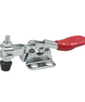 Close-up of Six Pack Horizontal Toggle Clamp Set With 27Kg Quick Release, featuring self-locking linkage and red handle for woodworking.