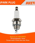 Close-up of spark plug for NGK BPM7A with 14mm thread diameter, 9.5mm thread reach, 19mm hex size, white and metallic finish.