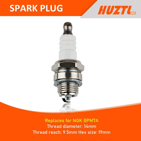 Close-up of spark plug for NGK BPM7A with 14mm thread diameter, 9.5mm thread reach, 19mm hex size, white and metallic finish.