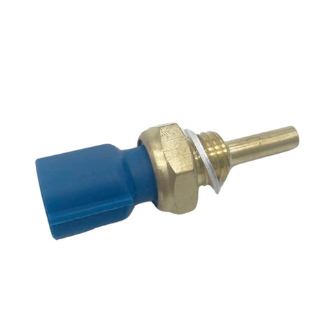 Close-up of engine coolant temperature sensor with blue connector and brass threaded probe