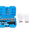29 Piece Heavy Duty Through Hole Ratchet Socket Set Metric 12 Point Tool Kit Featuring Slick Rolling 72 Tooth Mechanism Built For Serious Wrenching Jobs in blue case with gloves