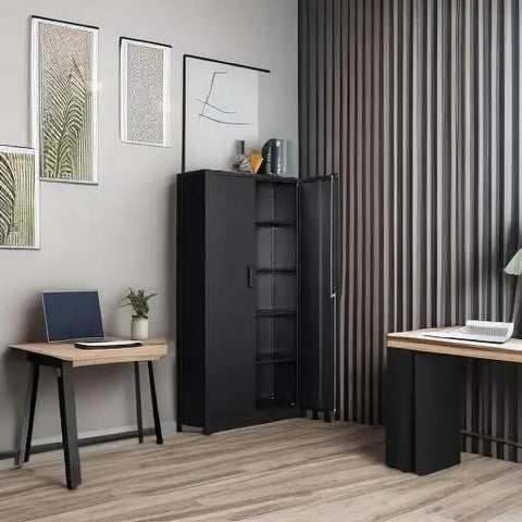 Heavy Duty Steel Storage Cabinet Double Doors Five Adjustable Shelves Tall Black Locking Metal Locker Built Like A Tank Badass Organizer For Garage And Workspace