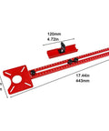 4 In 1 Router Milling Groove Bracket Kit With Aluminum Alloy Circle Cutting Jig For Cabinet Projects, Pro Grade Router Tool Accessory with dual scales shown in red aluminum with measurements marked