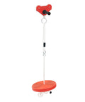 Red seat and trolley of Backyard Zip Line Kit 160 Ft With Stainless Steel Spring Brake for Kids and Adults, designed for outdoor fun.