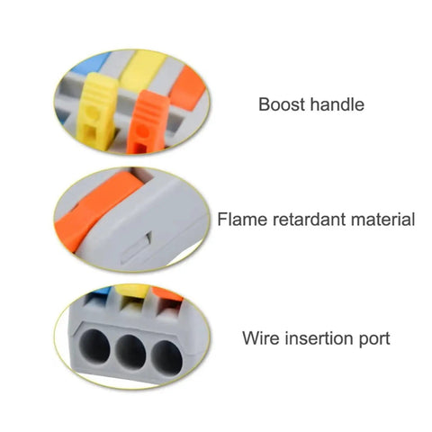 Get This Compact Mini Push In Wire Splitter Terminal Block For Easy Tool Free Splicing Of Solid Stranded And Flexible Copper Wires In Your Home Electrical Or Lighting Projects With Flame Retardant PA66 Housing And Secure Tin Plated Contacts Rated For close-up of wire insertion port and flame retardant material