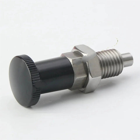 Boss Level Self Locking Indexing Plunger M10 Through M16 with rugged aluminum knob and fine thread design viewed from side.