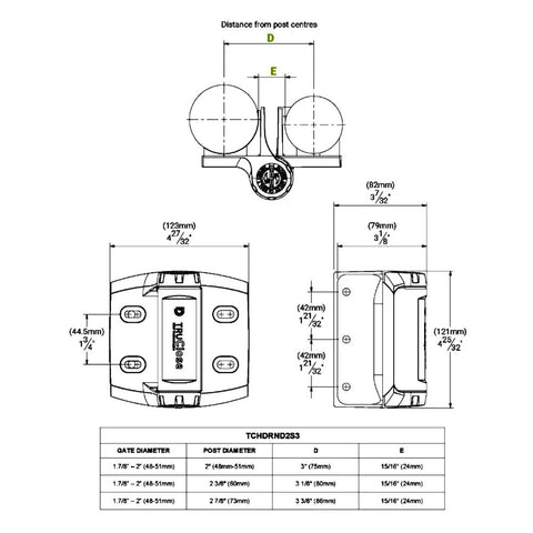 TruClose Built To Last Heavy Duty Round Gate Hinges For Fence Frames Self Closing With Alignment Legs And Round Adapters Fits Post 48mm to 51mm Or 73mm Diameter For Gates Up To 60kg 132lbs. technical dimensions diagram