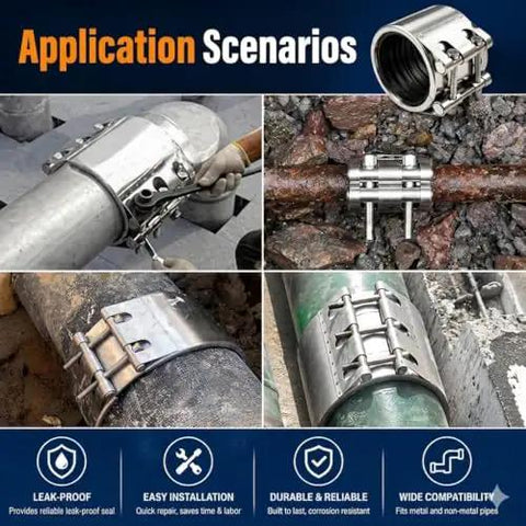 Rock Solid Heavy Duty Three Inch Pipe Repair Clamp And 304 Stainless Steel Leak Sealer For Burst Water Pipes on various pipe applications.
