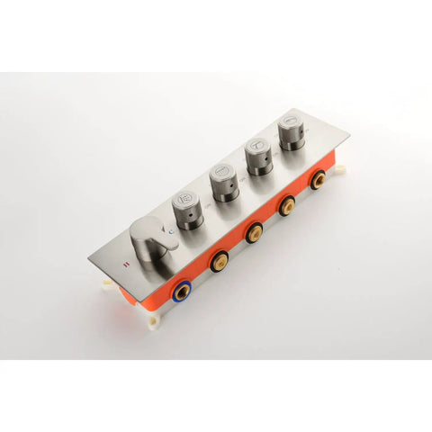 Control panel for Wall Mounted Waterfall Rain Shower System with 3 Body Sprays & Handheld Shower, stainless steel finish.