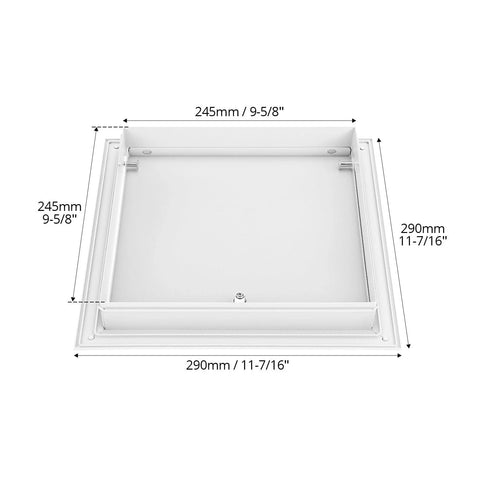 QWORK 10x10 flush aluminum access door panel, powder-coated white; top-down view for ceiling drywall access.