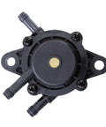 Top view of 3 Port Vacuum Fuel Pump for Small Engine Lawn Mower and Tractor, universal replacement with durable black plastic body.