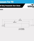 Diagram of Pneumatic Storm Door Closer dimensions with Adjustable Speed and Hold Open features, white finish, durable metal.