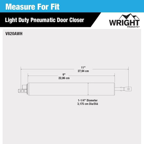 Diagram of Pneumatic Storm Door Closer dimensions with Adjustable Speed and Hold Open features, white finish, durable metal.