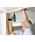 Person using Ultra Lightweight 12V Max Drill/Driver Bare Tool With 3/8 Inch Chuck for overhead drilling, compact head visible
