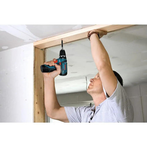 Person using Ultra Lightweight 12V Max Drill/Driver Bare Tool With 3/8 Inch Chuck for overhead drilling, compact head visible