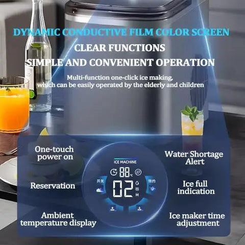 Countertop Ice Maker Machine Featuring Snappy Touchscreen Interface, showing dynamic color screen controls and clear function indicators.