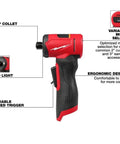 Pro Grade Heavy Hitter Brushless Right Angle Die Grinder With Four Speed Settings And Variable Trigger Plus Built In LED Light Compact M12 Platform Compatible showing ergonomic design, variable speed trigger, and 1/4" collet.