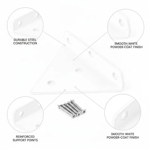 Hidden Triangle Shelf Bracket For Floating Shelves, white steel support, powder-coat finish, with mounting screws, wobble-free design.