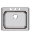Top view of GE125213 Dayton Single Bowl Drop In Stainless Steel Kitchen Sink, 25x21 1/4 inch, with 3 faucet holes, pro-grade satin finish.