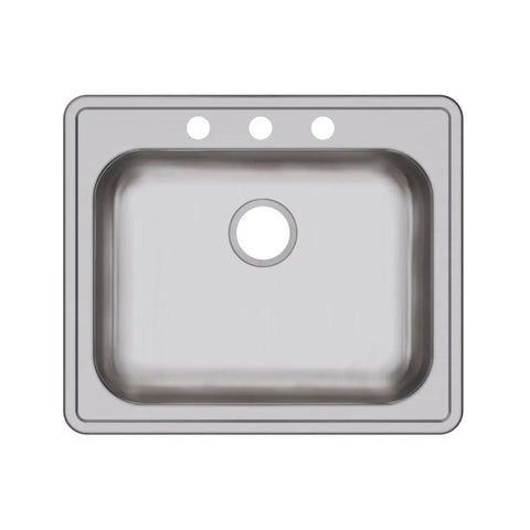 Top view of GE125213 Dayton Single Bowl Drop In Stainless Steel Kitchen Sink, 25x21 1/4 inch, with 3 faucet holes, pro-grade satin finish.