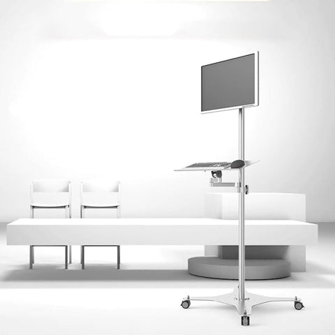 Heavy Duty Floor Standing Monitor Stand With Slick Rolling Base And Adjustable Keyboard Tray Mount Fits Ten To Thirty Four Inch Screens, in a modern office setting.