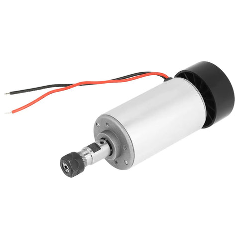 Heavy Duty 300W DC 48V CNC Spindle Motor Featuring ER11 Collet Mount And Fully Air Cooled Design, silver motor with wires.