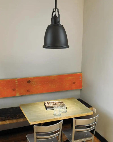 Hobson Glass Pendant Light In Satin Nickel, 1 Light, 8 Inch Glass Shade With 12 Inch Drop over a small dining table setup