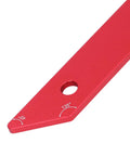 Red aluminum dual angle 45 and 135 degree woodworking ruler with etched marks and hole for precise miter cuts.