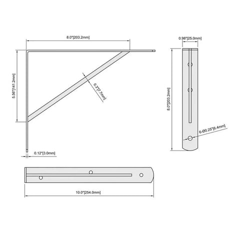 Technical diagram of Heavy Duty 10 X 8 Inch Metal Shelf Brackets 90 Degree L Shaped Wall Mounts For Floating Shelves White Rust Resistant