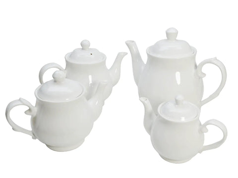 Gooseneck Porcelain Teapot With Lotus Design, 14oz Ceramic Tea Pot For Tea Or Coffee Brewing displayed with three other white teapots
