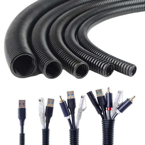 Top Shelf One Hundred Feet Split Wire Loom Conduit Tubing Built Tough Black Polyethylene Cable Sleeve for neat cable organization.