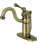 Victorian Mono Block Bathroom Faucet In Antique Brass With Drip Free Cartridge, Matching Pop Up Drain, 6 Inch Spout Reach, 7 Inch Spout Height, 1.2 GPM