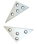 Front view: two triangular precision angle blocks in steel with multiple circular holes for machinist gauge use.