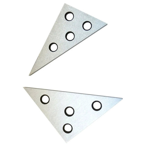 Front view: two triangular precision angle blocks in steel with multiple circular holes for machinist gauge use.