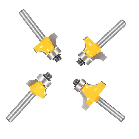 Roundover Router Bit Set Four Piece With 1/4 Inch Shank Radii 1/8 1/4 3/16 5/16 Bearing Guide For Smooth Edge Rounding Carbon Steel