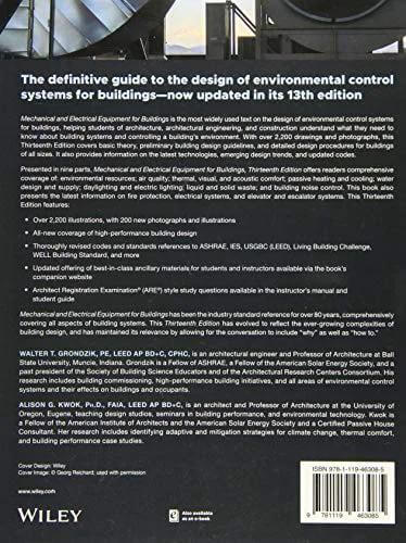 Book: Mechanical and Electrical Equipment for Buildings, back cover shows Wiley logo and environmental control text.