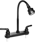 Heavy Duty Rv Kitchen Faucet Built Tight For Campers And Vans with black finish, 360 swivel head, and dual handles.