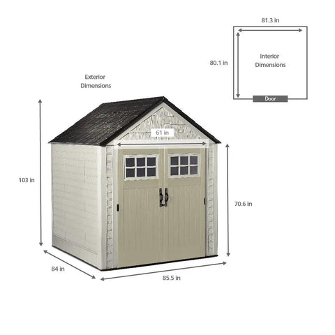 7x7 Weatherproof Outdoor Storage Shed For Garden Tools And Lawn Gear With Lockable Double Doors Sandstone Finish with measurements