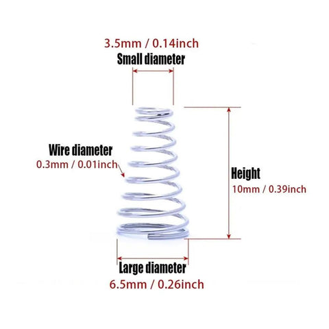 Heavy Duty Tapered Compression Springs Kit 200pcs Stainless Steel 304 showing 10mm height, 3.5mm small diameter, 6.5mm large diameter.