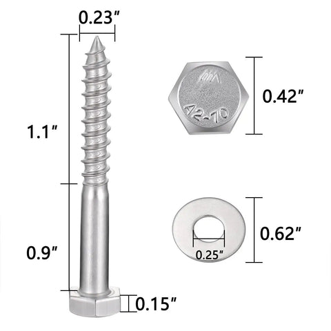 High Grade 25 Pc 1/4X2 Inch Hex Lag Screws Heavy Duty 304 Stainless Steel Rustproof Garden Flower Stand Hardware Tough As Nails Bolts With Clean Burr Free Finish For DIY Builds, detailed view with dimensions.