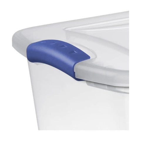 27 Quart Medium Clear Plastic Storage Bin With Heavy Duty Latching Lid and Sturdy Handles For Garage And Closet Organization showing blue side handle.