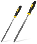 2x fret end dressing files for guitar frets, angled front view, with black/yellow handles and textured steel blades