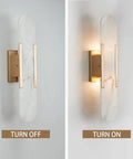 Backplate Sconce With Alabaster Shade Modern Bathroom Wall Light Sleek Design And Thick Backplate Wrapped Center On and Off View