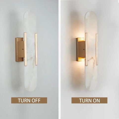 Backplate Sconce With Alabaster Shade Modern Bathroom Wall Light Sleek Design And Thick Backplate Wrapped Center On and Off View