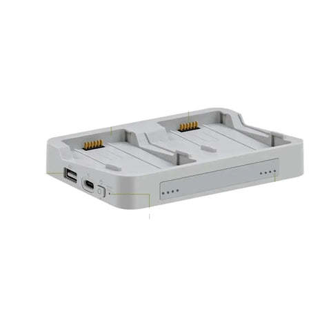 Flip Drone Dual Battery Charging Hub 2-Way Power Bank Charger Station with secure slots and USB connections for drone accessories.