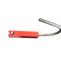 Close-up of Made In The USA Red Anodized Aluminum Cordless Tool Holder with metal hook for easy attachment.